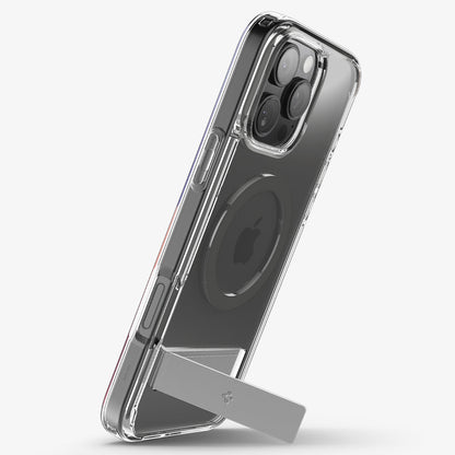 ACS08010 - iPhone 16 Pro Max Case Ultra Hybrid S (MagFit) in Graphite showing the back, partial side propped up with a built-in kickstand in portrait style