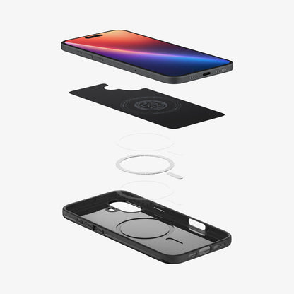ACS08060 - iPhone 16 Plus Case Thin Fit (MagFit) in Black showing the device hovering above the detached inner layer, metal ring plate and the case