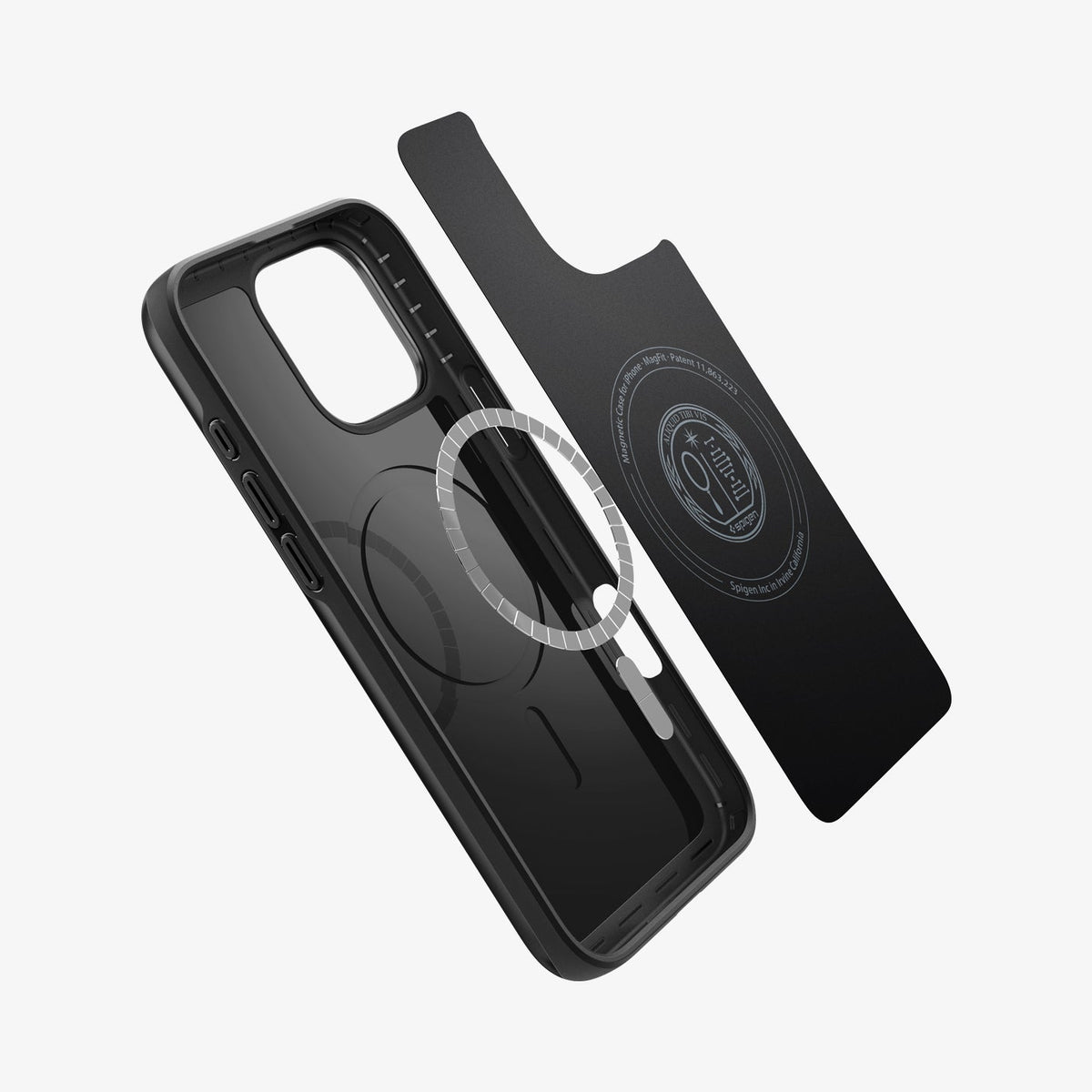 ACS08106 - iPhone 16 Pro Case Thin Fit (MagFit) in Black showing the inner layer hovering from detached magnet ring plate and the case