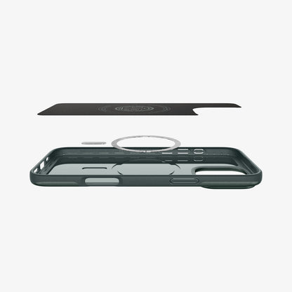 ACS08109 - iPhone 16 Pro Case Thin Fit (MagFit) in Abyss Green showing the inner layer hovering above the detached magnet ring plate and the case