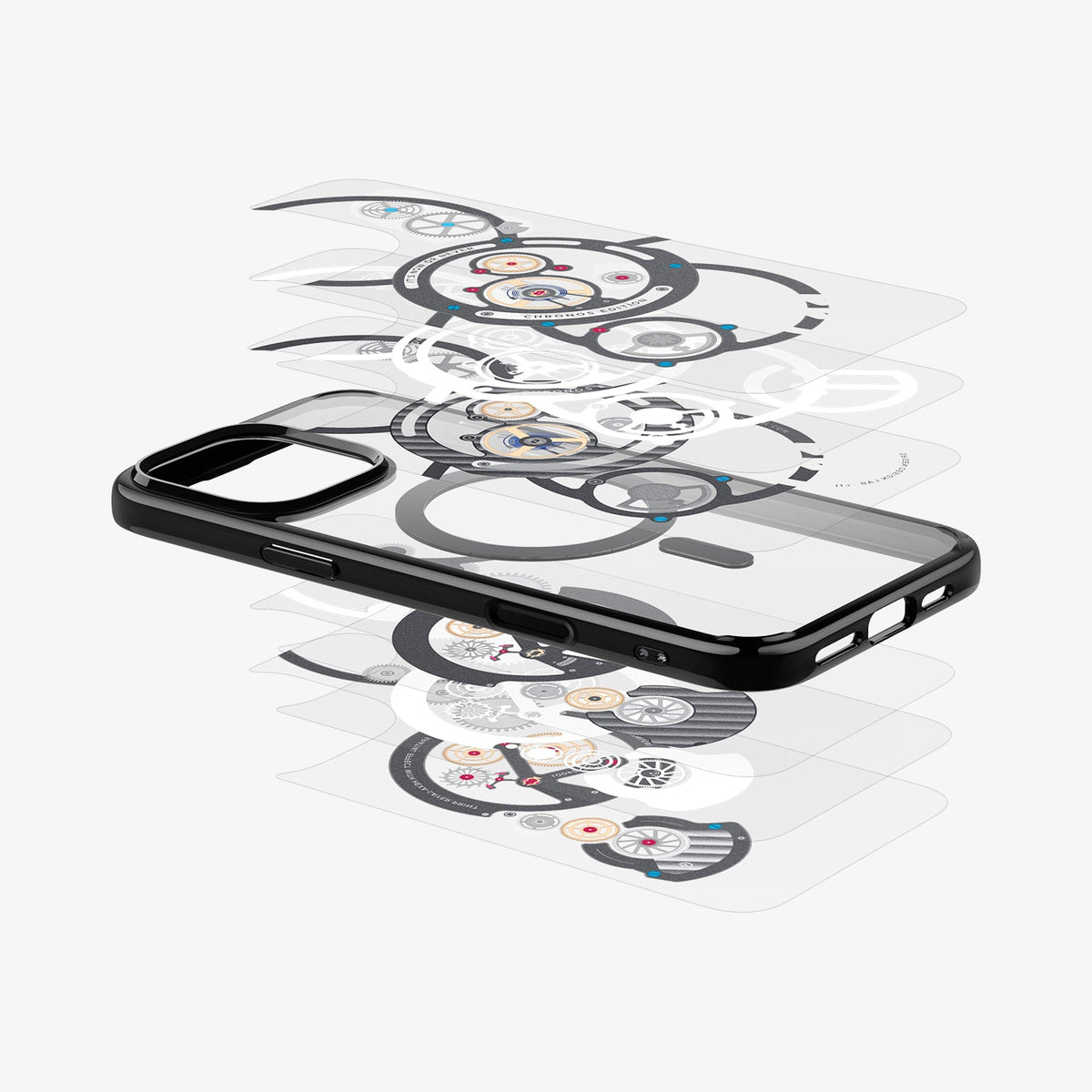 ACS09193 - iPhone 16 Pro Case c11 Series Chronos Edition (MagFit + Camera Control) in Chronos showing the layers of the case back cover design hovering above the below the case