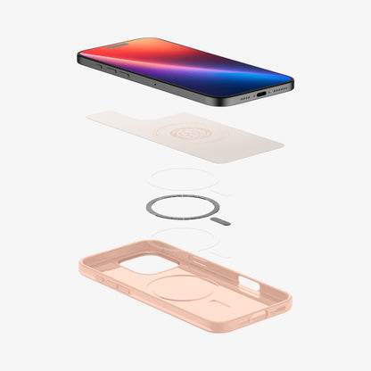 ACS08686 - iPhone 16 Pro Max Case Thin Fit (MagFit) in Rose Titanium showing the device hovering above the detached inner layer, metal ring plate and the case