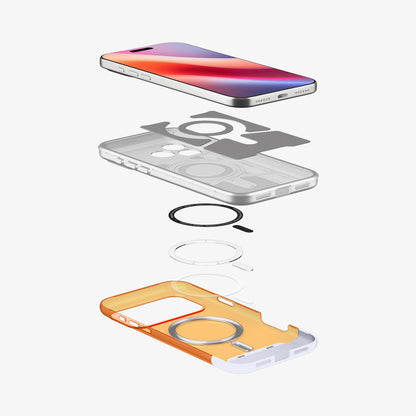 ACS09910 - iPhone 17 Pro Max Case Classic C1 (MagFit) in tangerine showing the layers of case hovering below the device