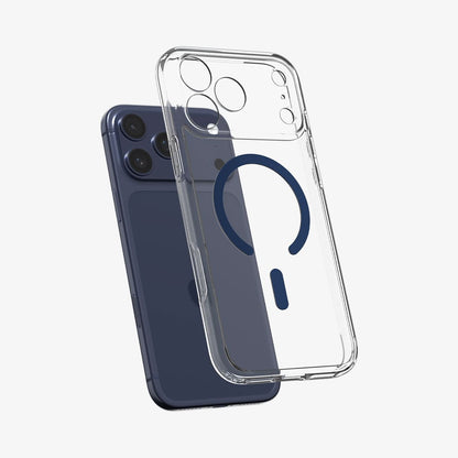 ACS10953 - iPhone 17 Pro Max Ultra Hybrid (MagFit) in Clear Deep Blue showing the front of layer hovering above the magfit magnet plate and the case