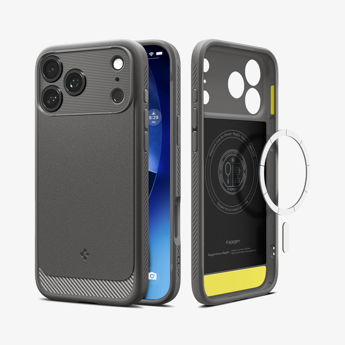 ACS09887 - iPhone 18 Pro Max / iPhone 17 Pro Max Rugged Armor (MagFit) in Gray showing the back, partial sides, front, inner of the case and metal ring plate hovering in front