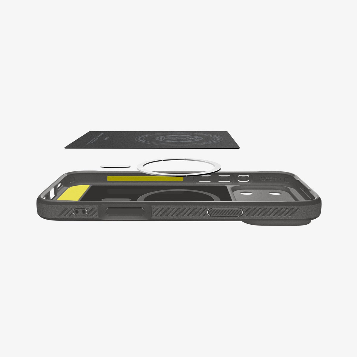 ACS09887 - iPhone 17 Pro Max Rugged Armor (MagFit) in Gray showing the detached inner soft layer cover hovering above the detached metal ring plate and the inner of the case