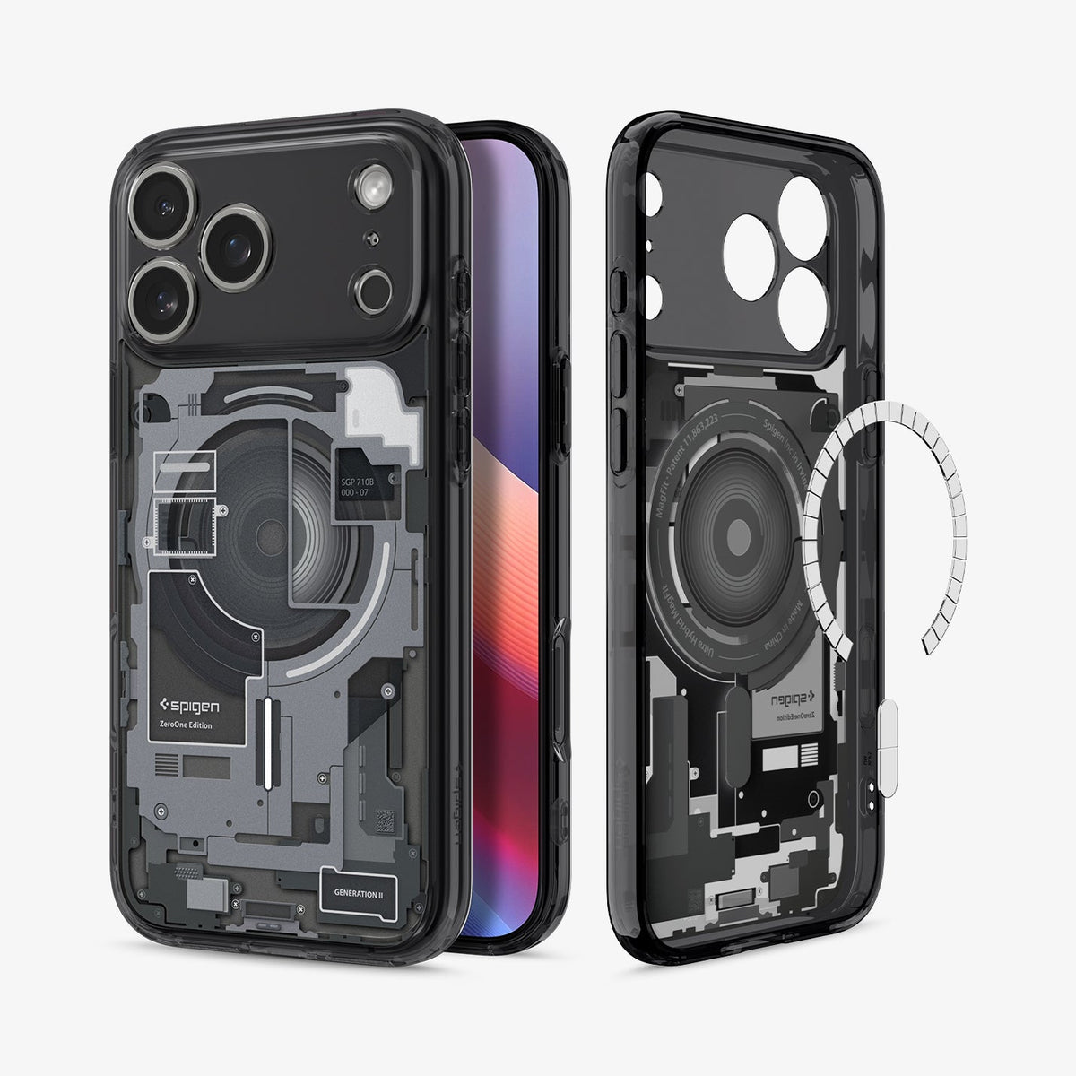 ACS10073 - iPhone 18 Pro / iPhone 17 Pro Ultra Hybrid Zero One (MagFit) Black showing front and back angled views with transparent protection and a teardown-inspired design