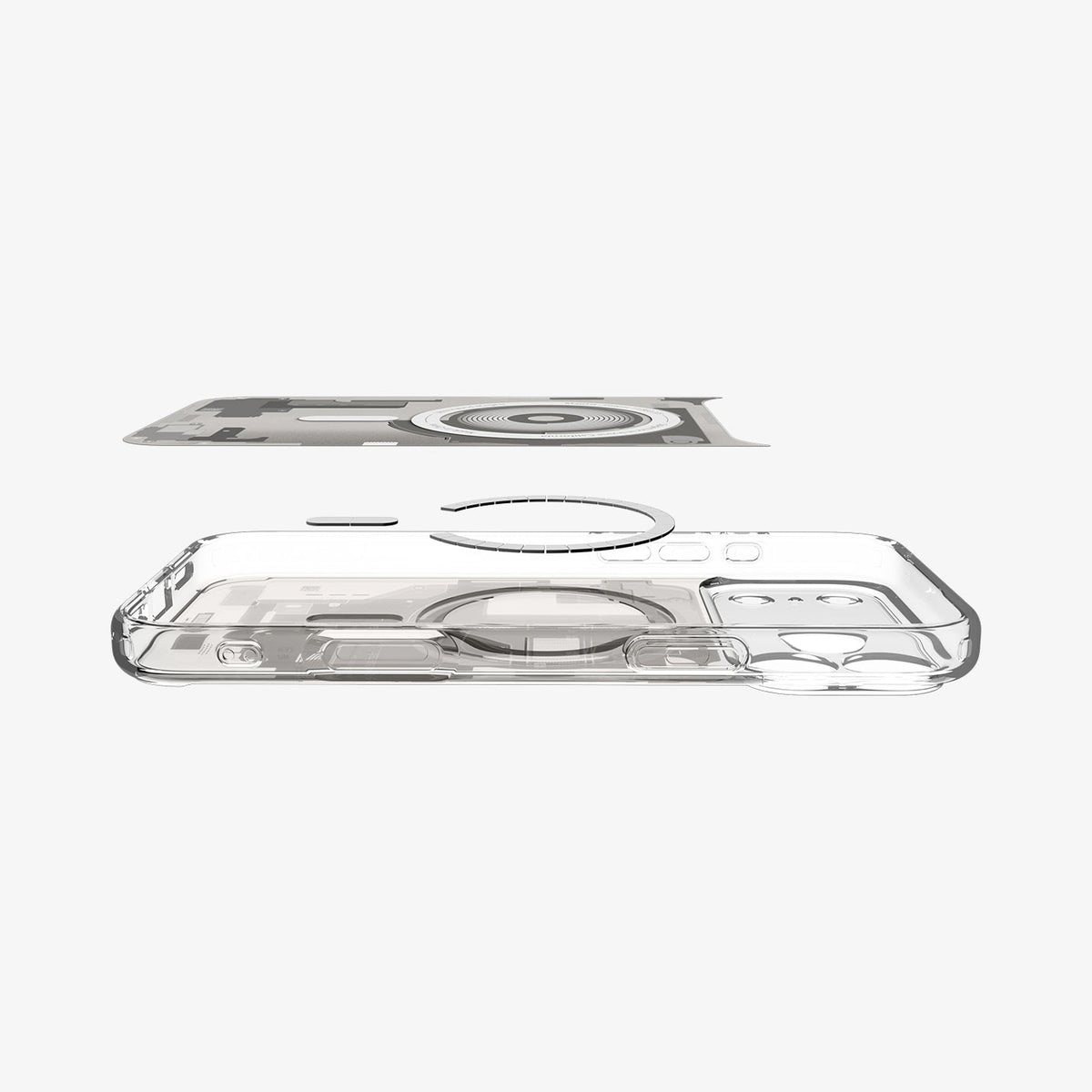 ACS10072 - iPhone 17 Pro Case Ultra Hybrid Zero One (MagFit) in Zero One Natural Titanium showing the inner sticker, hovering above the detached magnet ring and the case