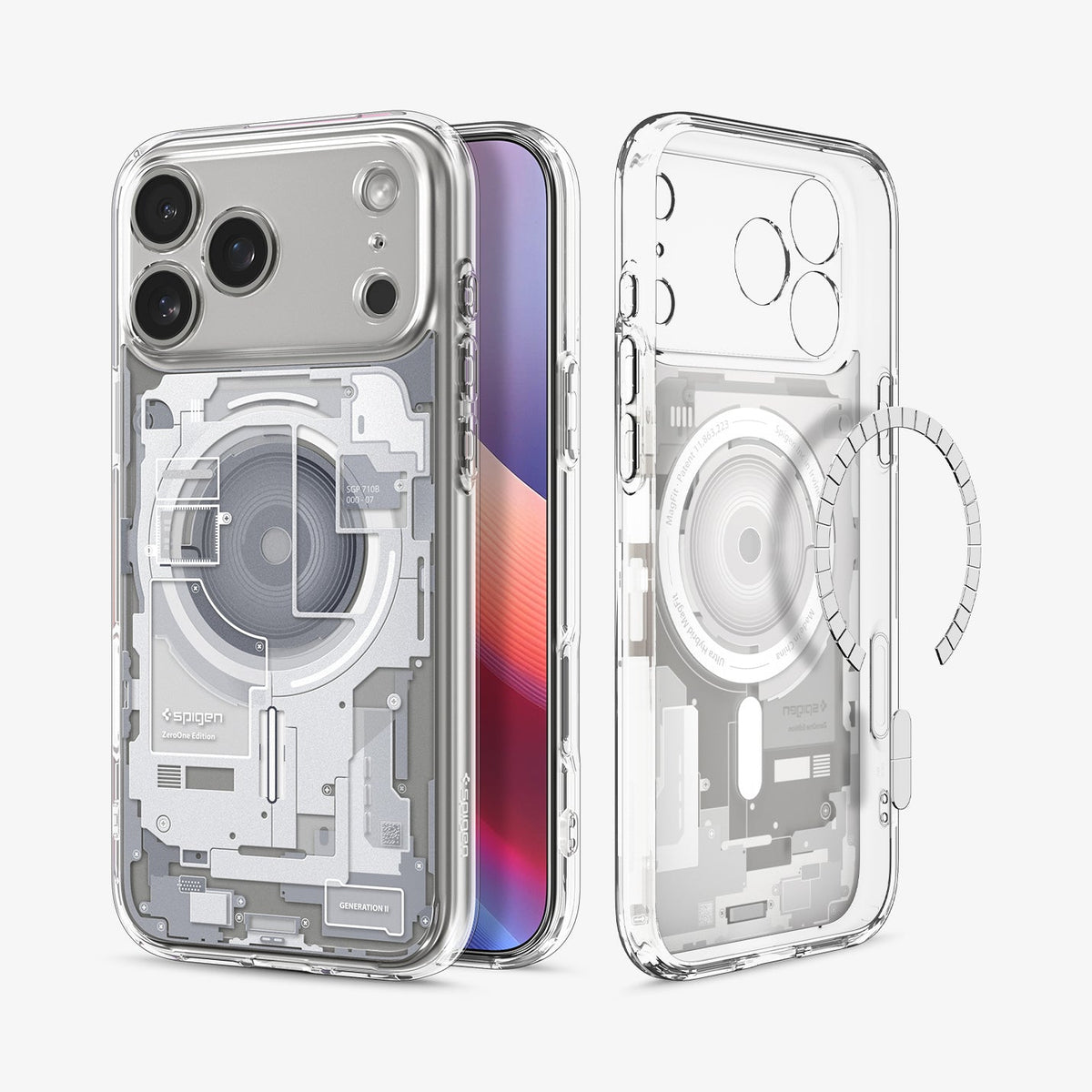 ACS10071 - iPhone 17 Pro Case Ultra Hybrid Zero One (MagFit) in Zero One White showing the back, partial front, and inner while detached magnet is hovering in front of the case