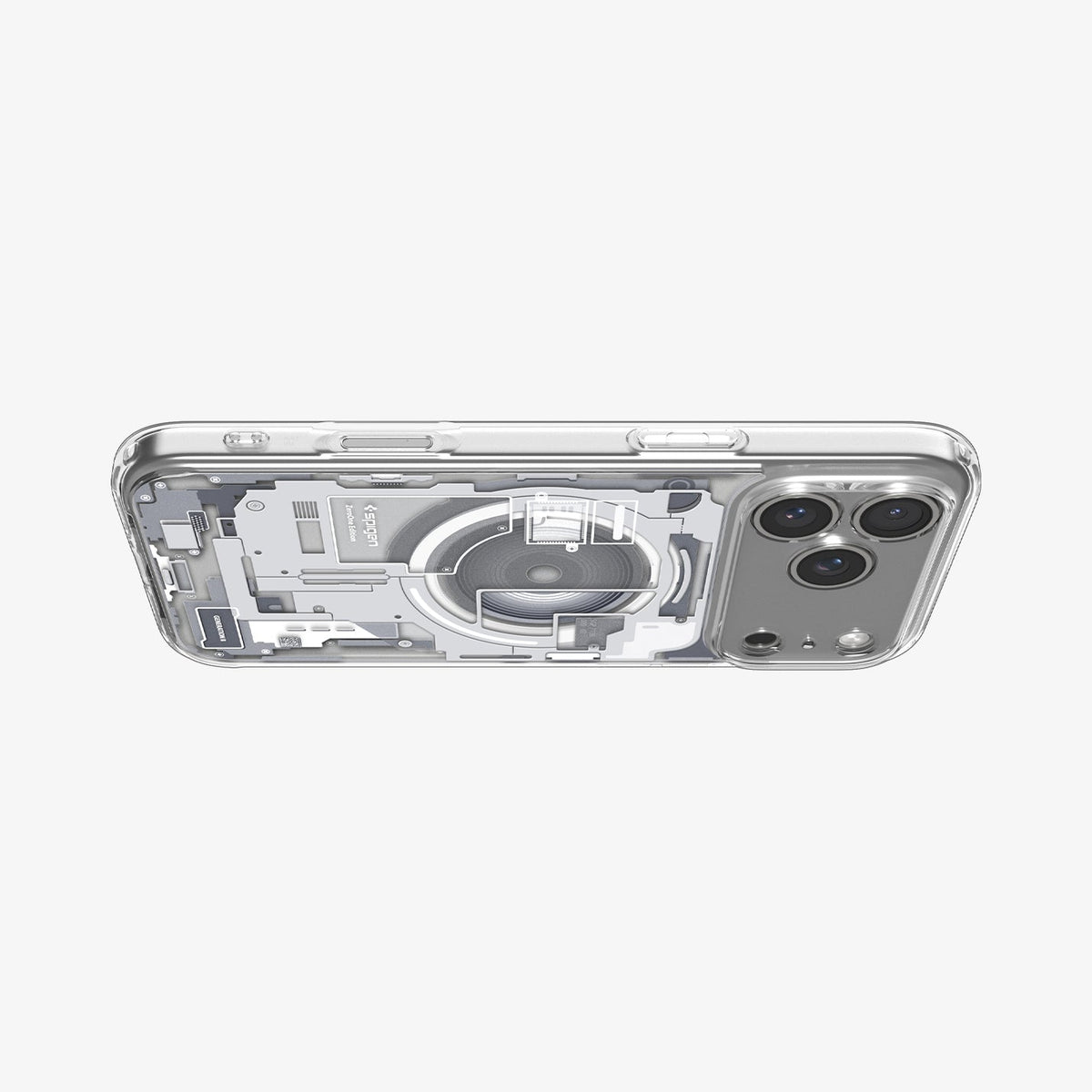 ACS10071 - iPhone 18 Pro / iPhone 17 Pro Ultra Hybrid Zero One (MagFit) White showing the clear case from a horizontal angle with detailed schematic graphics and camera protection