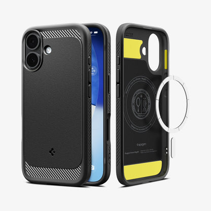 ACS09975 - iPhone 17 Rugged Armor (MagFit) in Matte Black showing the back, partial sides, front, inner of the case and metal ring plate hovering in front