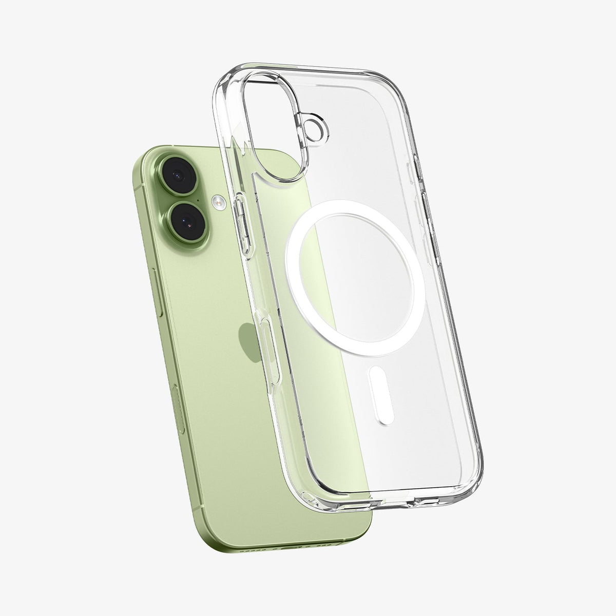 ACS10082 - iPhone 17 Ultra Hybrid (MagFit) in Clear White showing the front of layer hovering above the magfit magnet plate and the case