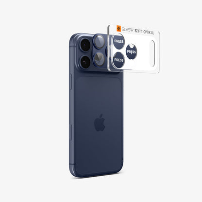 AGL10651 - iPhone 17 Pro Max Optik Pro XL EZ Fit Lens Protector in blue showing the back and partial side with lens protector hovering in front