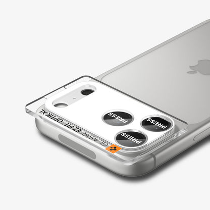 AGL10647 - iPhone 17 Pro Optik Pro XL EZ Fit Lens Protector in silver showing the back, partial side and top with lens screen protector tray attached