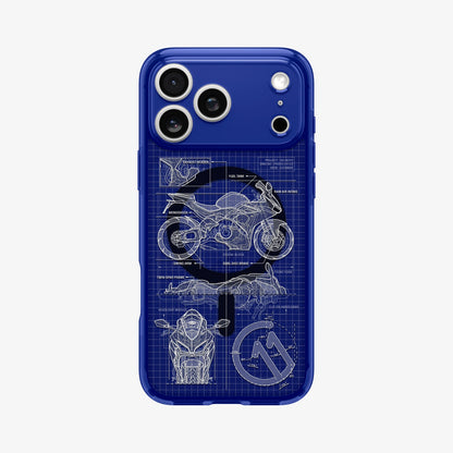 ACS12204 - Close-up of the Spigen C11 Velocity case for iPhone in blue, showing the motorcycle blueprint print detail and camera cutout