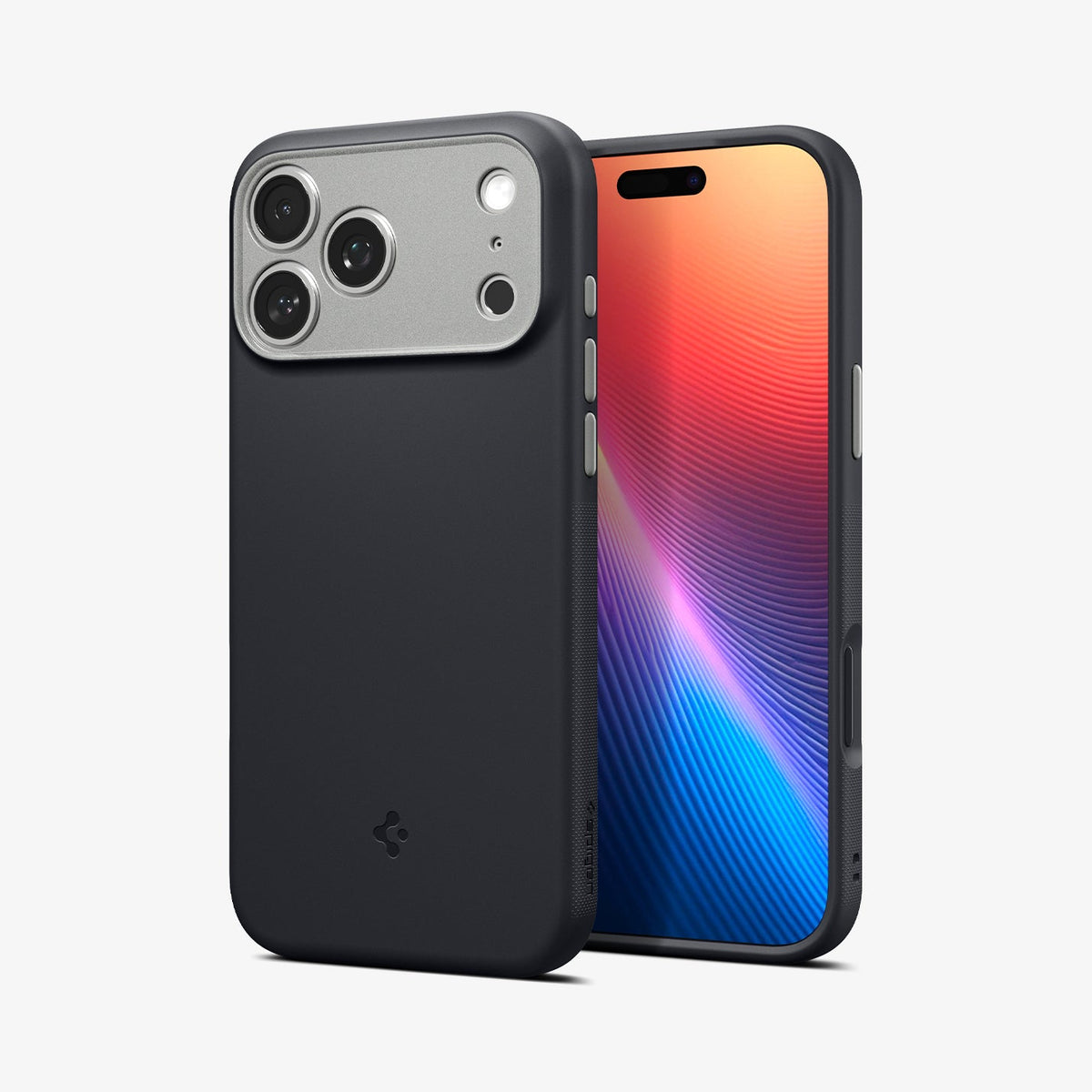 ACS09968 - iPhone 18 Pro / iPhone 17 Pro Nano Pop (Mag Fit) in Black Sesame showing front and back angled views highlighting the slim profile, raised edges, and textured side grip
