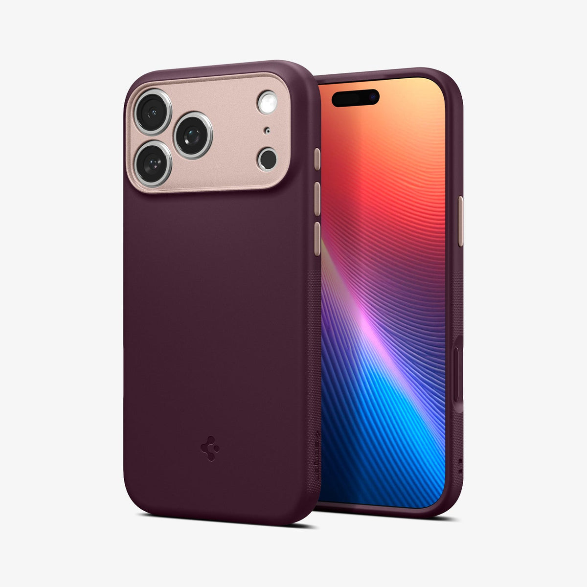 ACS09967 - iPhone 18 Pro / iPhone 17 Pro Nano Pop (Mag Fit) in Burgundy Bean showing front and back angled views highlighting the slim profile, raised edges, and textured side grip