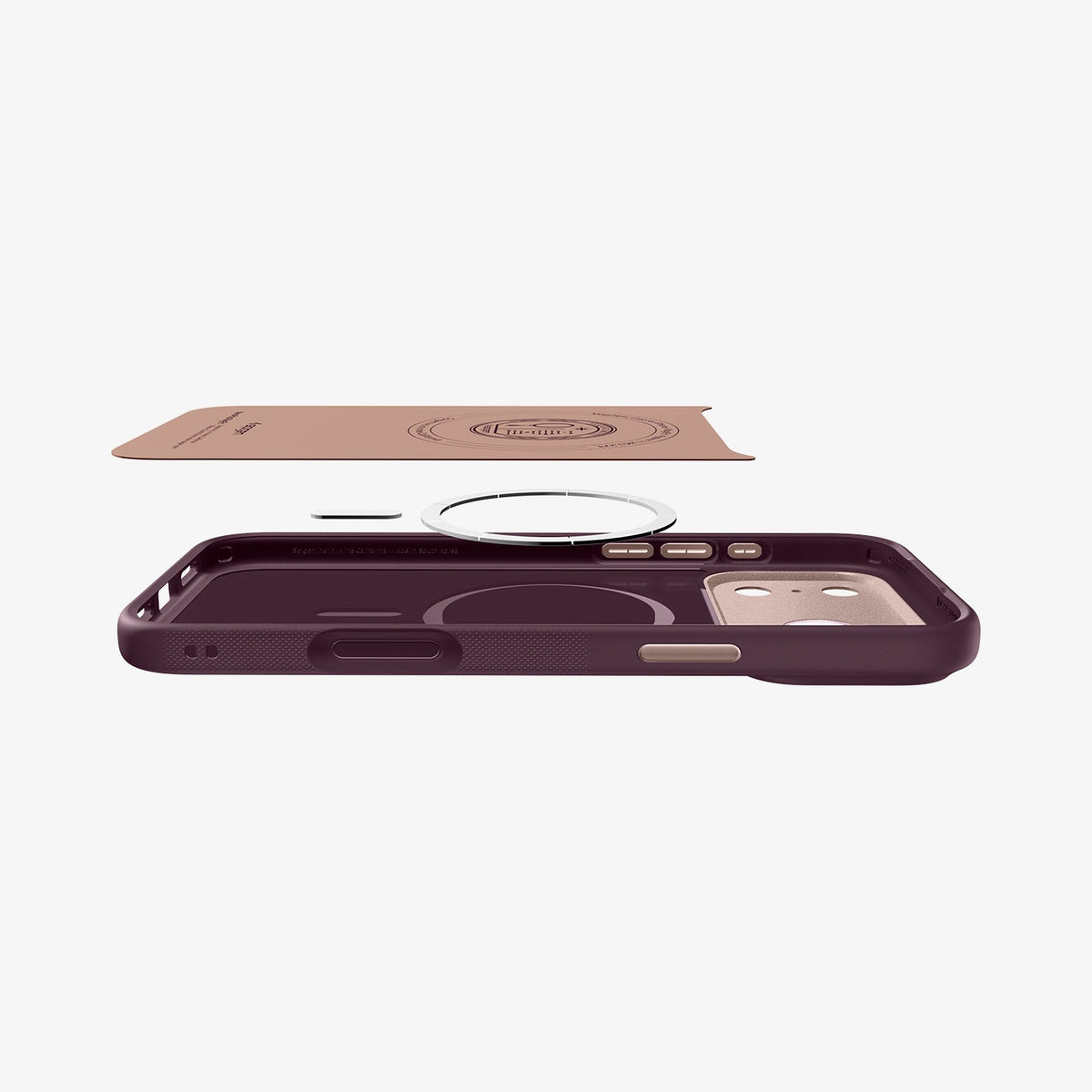 ACS09914 - iPhone 18 Pro Max / iPhone 17 Pro Max Nano Pop (Mag Fit) in Burgundy Bean showing an exploded interior view highlighting the integrated magnetic ring, buttons, and layered construction