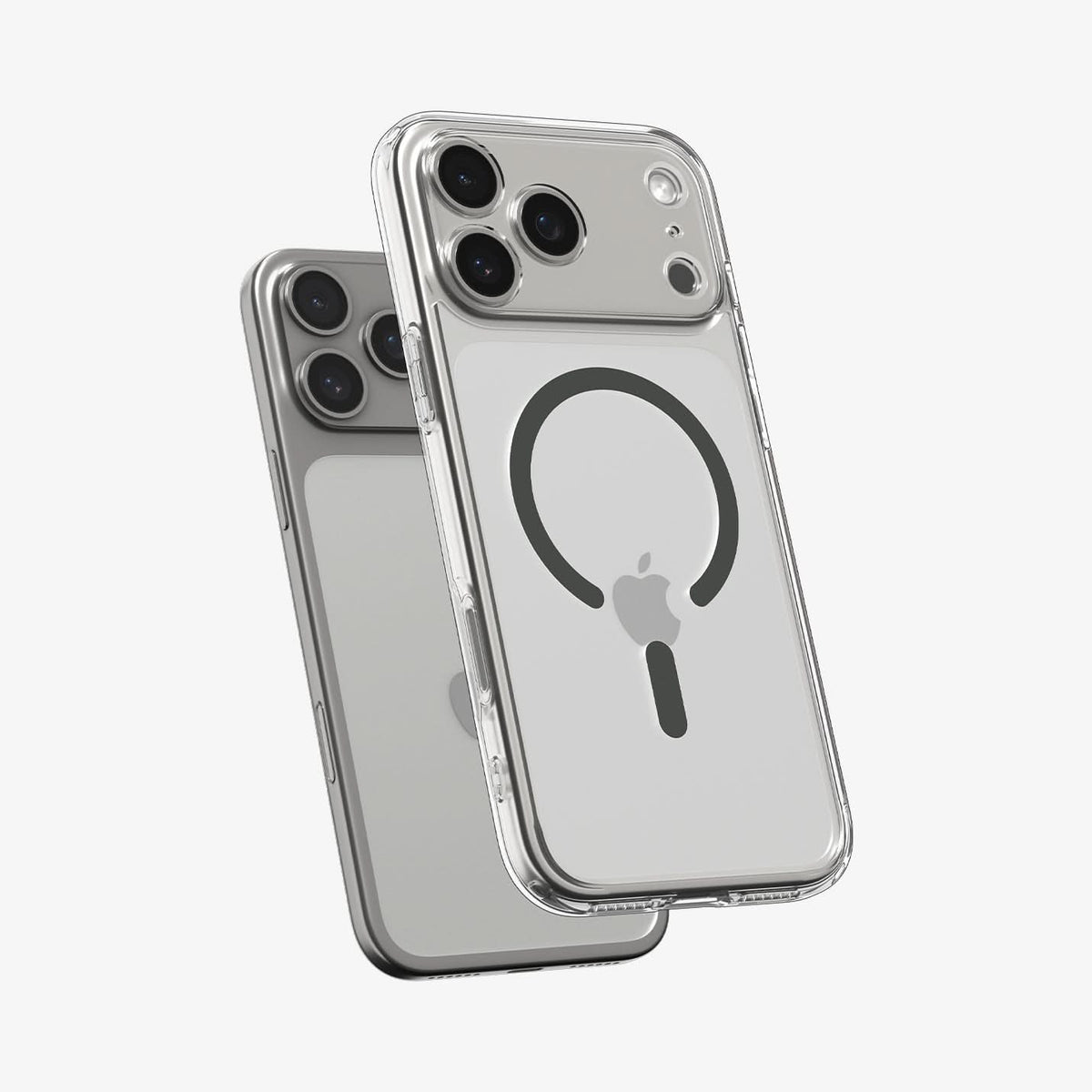 ACS10067 - iPhone 17 Pro Ultra Hybrid (MagFit) in Clear Graphite showing the front of layer hovering above the magfit magnet plate and the case