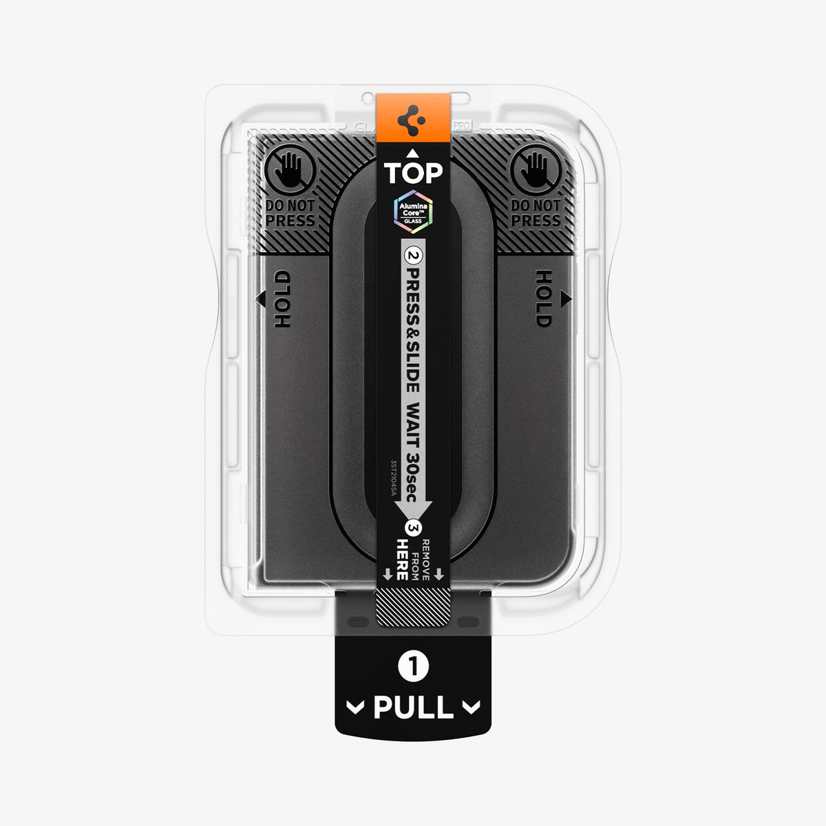 AGL12009 - iPhone Duo GLAS.tR EZ Fit Pro | Privacy showing the screen protector installation tray with labeled pull, hold, and press-and-slide instructions.