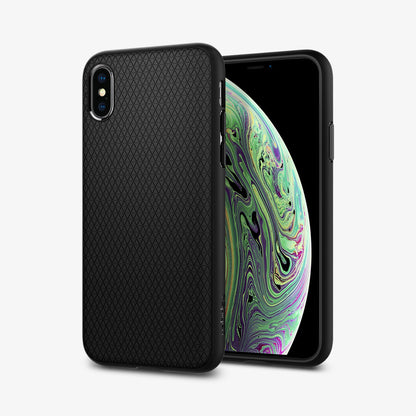 057CS22123 - iPhone XS Case Liquid Air in Matte Black showing the back, next to it, a device showing front