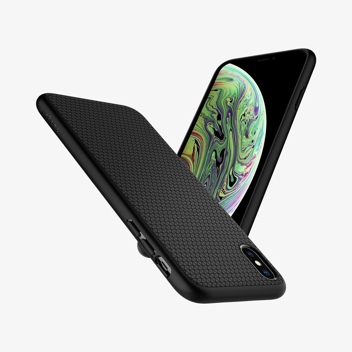 057CS22123 - iPhone XS Case Liquid Air in Matte Black showing the back, partial side of an upside down beside it, showing front and side