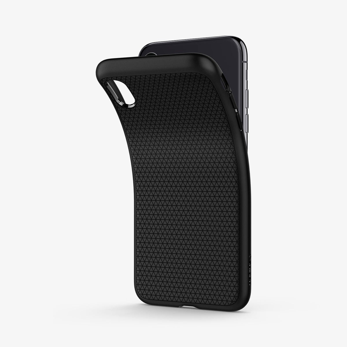 057CS22123 - iPhone XS Case Liquid Air in Matte Black showing the back of soft tpu back case partially peeled from behind a device