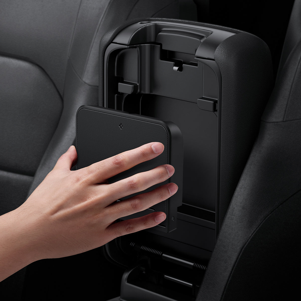 ACP09216 - Jeep Series - Center Console Hidden Storage Box | JO221 showing install with hand.