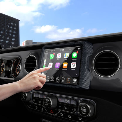 AGL04059 - Jeep Wrangler Screen Protector GLAS.tR SLIM Anti-Glare showing a hand reaching towards the display inside of car