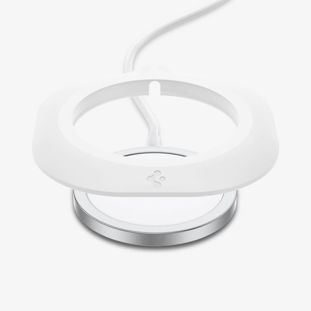AMP02563 - MagFit in white showing the front with station hovering above the magsafe charger
