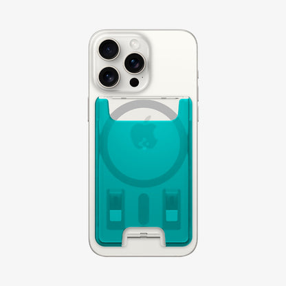 AFA07397 - MagSafe Card Holder Classic C1 (MagFit) in Bondi Blue showing the front attached to the back of the device