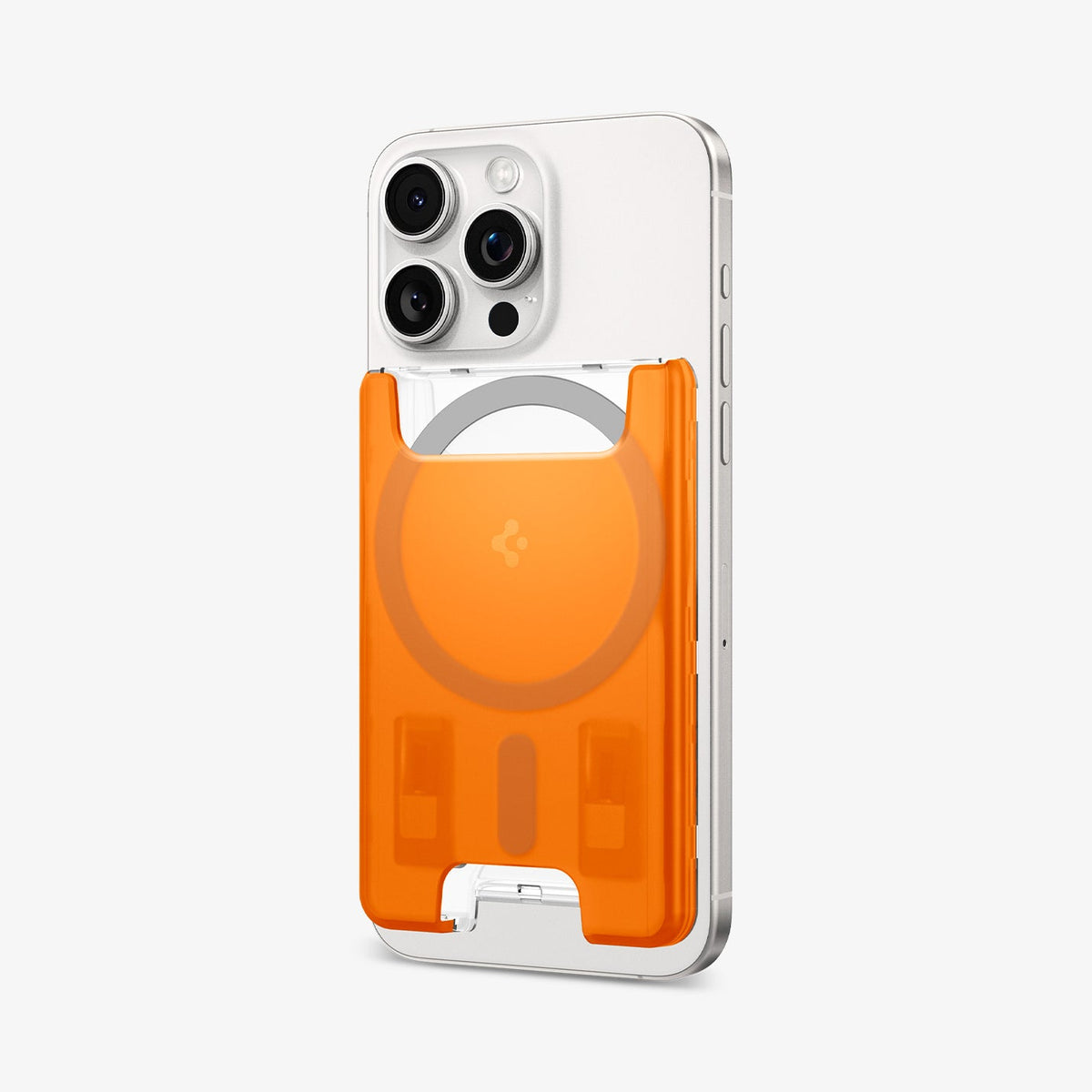 AFA08574 - MagSafe Card Holder Classic C1 (MagFit) in Tangerine showing the front, partial side attached to the back of the case