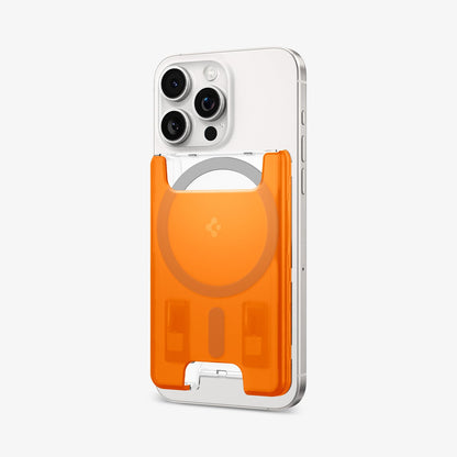 AFA08574 - MagSafe Card Holder Classic C1 (MagFit) in Tangerine showing the front, partial side attached to the back of the case