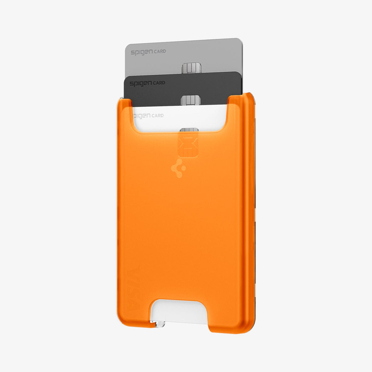 AFA08574 - MagSafe Card Holder Classic C1 (MagFit) in Tangerine showing the front, partial side with 3 cards inserted