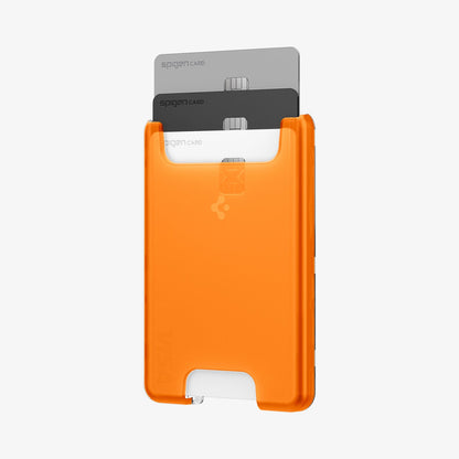 AFA08574 - MagSafe Card Holder Classic C1 (MagFit) in Tangerine showing the front, partial side with 3 cards inserted