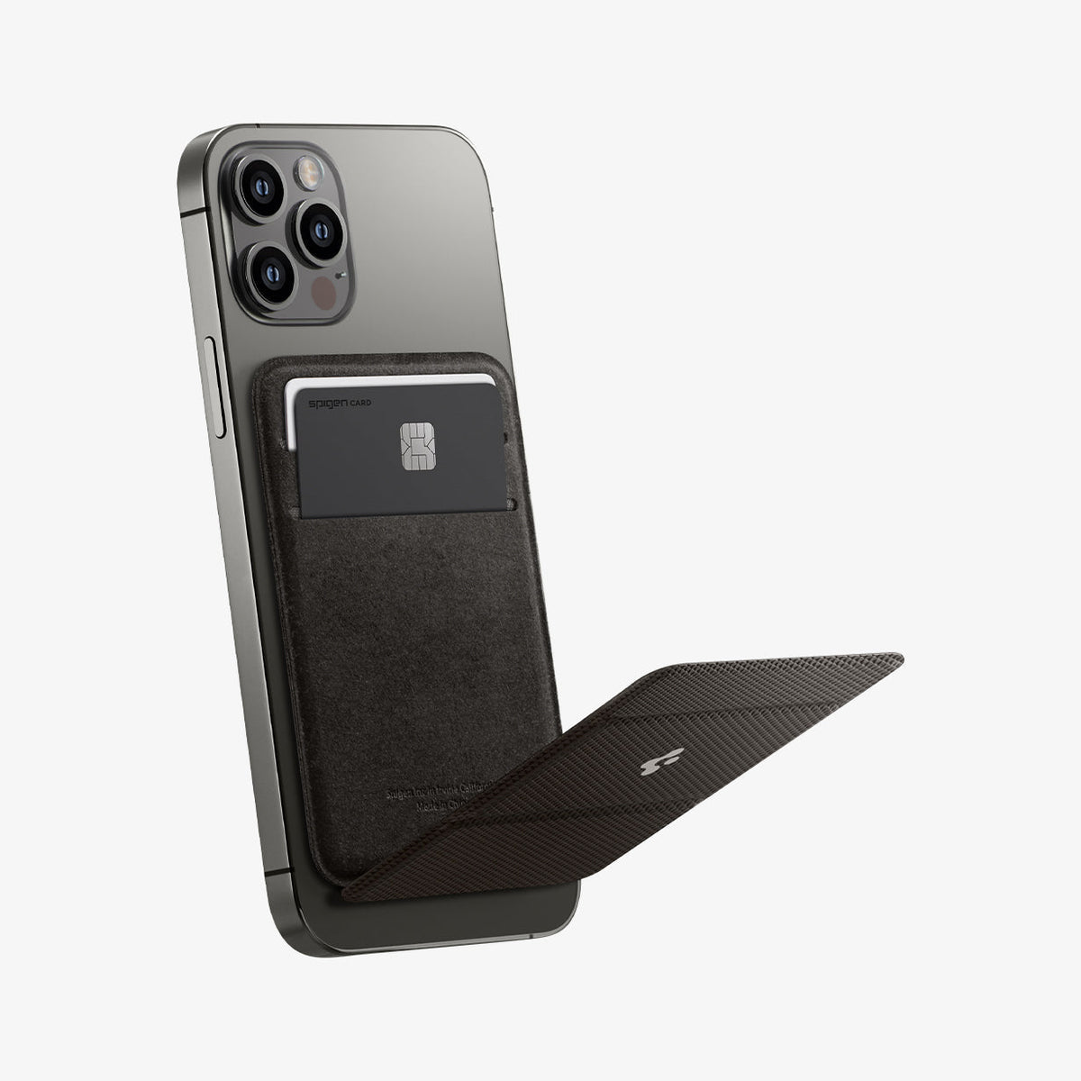 AMP02766 - MagSafe Card Holder Smart Fold Wallet (MagFit) in gunmetal showing the wallet attached to phone with stand extended out