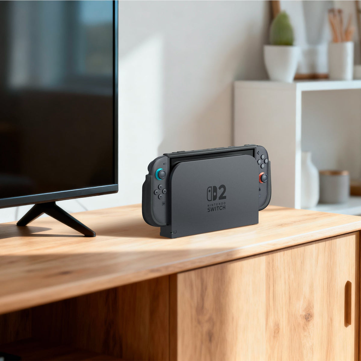 ACS10167 - Nintendo Switch 2 Ultra Hybrid case docked on wooden TV stand in a living room setup