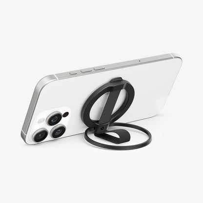AMP08551 - O-Mag Magnetic Phone Holder (MagFit) | OM103 in Black showing the front, attached to the device propped up as a kickstand in landscape position