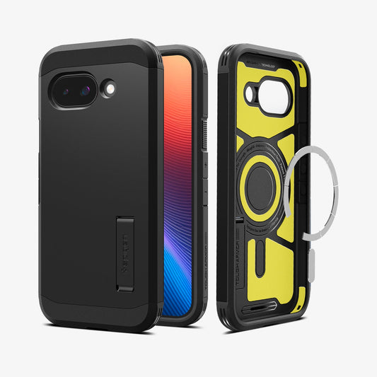 ACS09046 - Pixel 9a Case Tough Armor AI (MagFit) in Black showing the back, partial front, inner while magnet ring detached hovering in front and showing sides