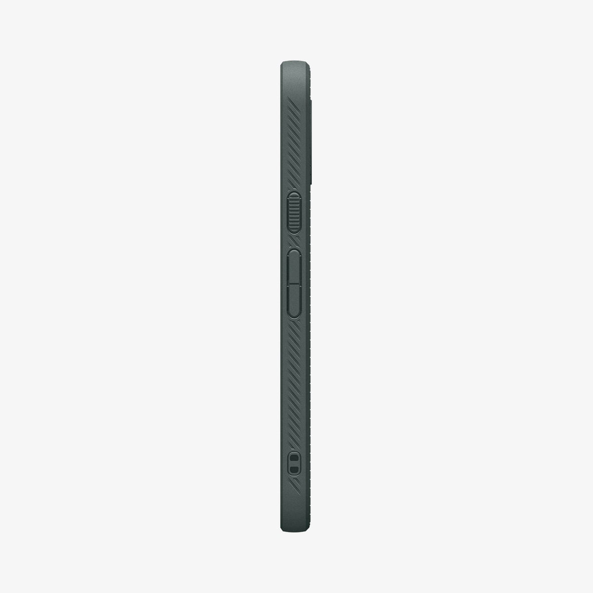 ACS11858 - Pixel 11 Pro Liquid Air (Mag Fit) Abyss Green side profile showing textured side grips, responsive button covers, and integrated strap hole.
