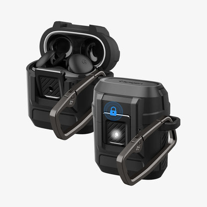 ACS09481 - Pixel Buds 2a Case Lock Fit in black showing the front and side for multiple earbuds with one top open