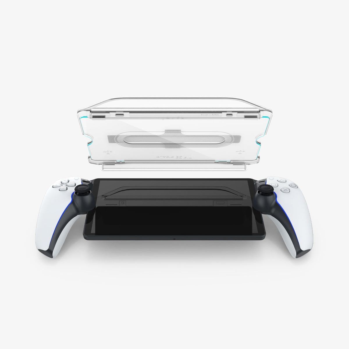 AGL07183 - Playstation Series GLAS.tR EZ Fit showing the installation tray angled back, partial side and facing the device angled front, partial side