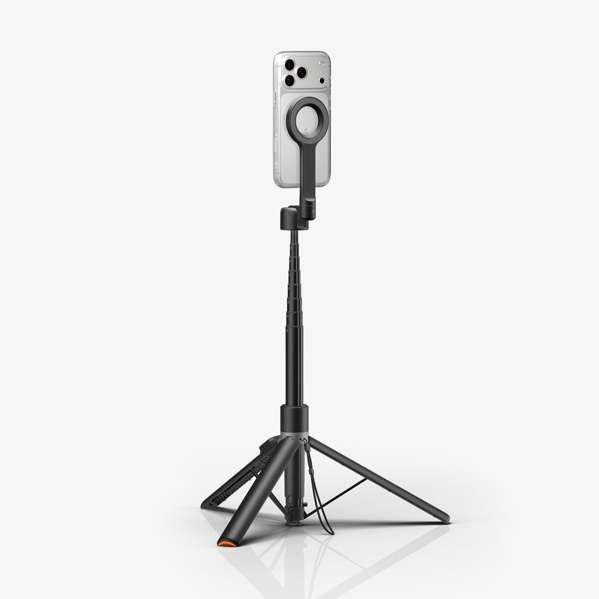 AMP11372 - Selfie Stick | S582W in Black showing a tripod setup with extended pole and mounted smartphone for stable hands-free shooting.