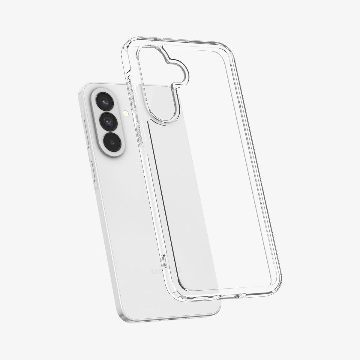 ACS11133 - Spigen Ultra Hybrid Galaxy A37 5G case in Crystal Clear lifting away from phone, showing transparent hard back panel