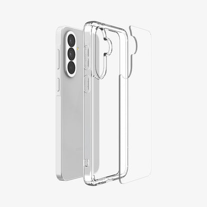 ACS11133 - Spigen Ultra Hybrid Galaxy A37 5G case in Crystal Clear - exploded view showing hard PC back panel and flexible TPU bumper