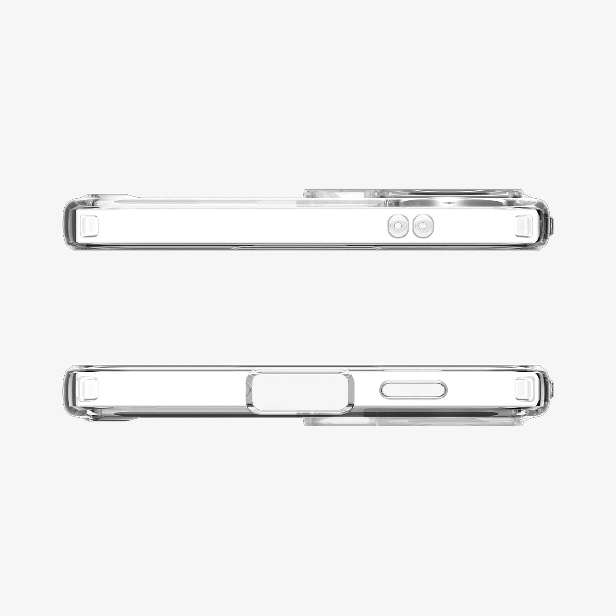 ACS11123 - Spigen Ultra Hybrid Galaxy A57 5G case in Crystal Clear - top and bottom edge views showing speaker and charging port cutouts