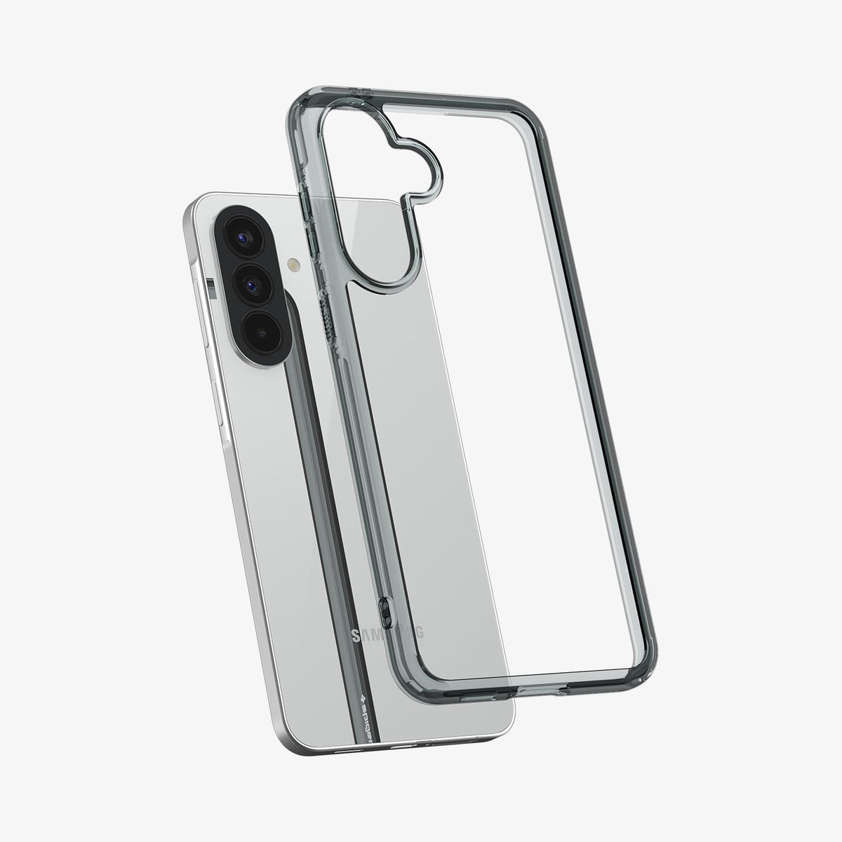 ACS11124 - Spigen Ultra Hybrid Galaxy A57 5G case in Space Crystal lifting away from phone, showing dark tinted TPU bumper and clear back