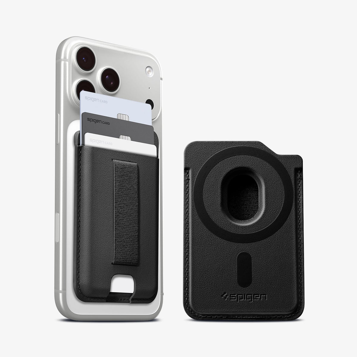 AFA10802 - MagSafe SleekBand Card Holder | 3 Cards (MagFit) in Dark Black showing back and attach on the phone