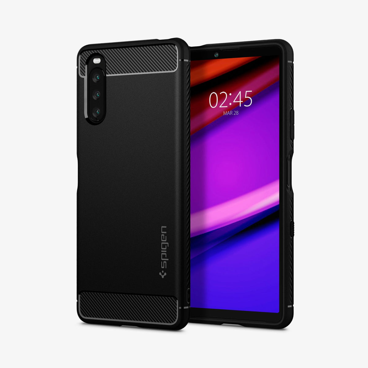 ACS02842 - Sony Xperia 10 III Case Rugged Armor in matte black showing the back and front
