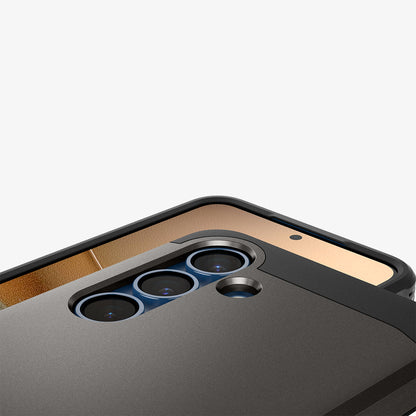ACS09009 - Galaxy S25 Case Tough Armor AI (MagFit) in Gunmetal showing partial back, partial front with camera lens zoomed in